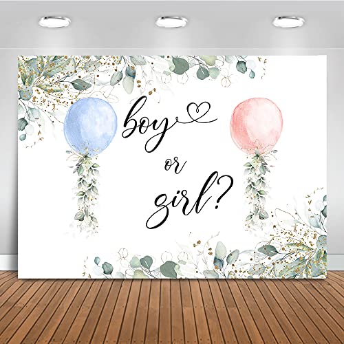 Mocsicka Watercolor Blue or Pink Balloons Backdrop Greenery Boy or Girl Gender Reveal Background Botanical Eucalyptus Gender Reveal Party Cake Table Decoration Banner Photo Booth Props (7x5ft)