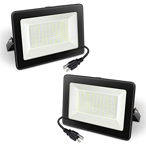 2 Pack 60W LED Flood Light, IP67 Waterproof, 6000K Daylight White, 6500LM Super Bright Security Lights with Plug, Landscape Wall Lights for Outdoor Indoor, Yard, Garden, Playground, Basketball Court