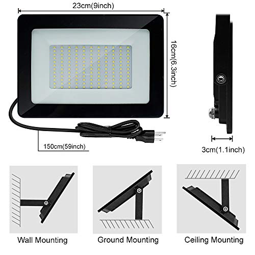 2 Pack 60W LED Flood Light, IP67 Waterproof, 6000K Daylight White, 6500LM Super Bright Security Lights with Plug, Landscape Wall Lights for Outdoor Indoor, Yard, Garden, Playground, Basketball Court