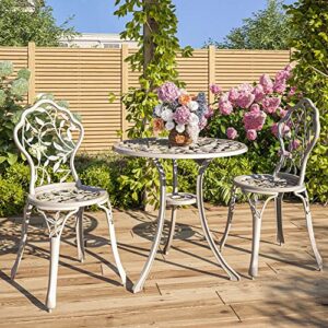 belleze 3 piece bistro set, aluminum bistro table set outdoor bistro set, weather-resistant garden table and chairs wrought iron patio furniture for balcony backyard, leaf design – white