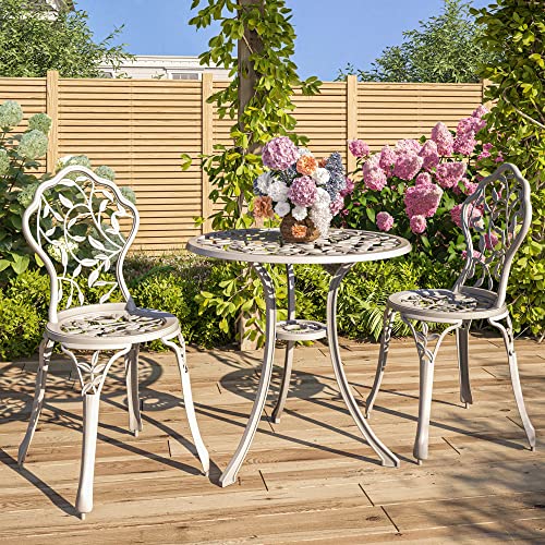 BELLEZE 3 Piece Bistro Set, Aluminum Bistro Table Set Outdoor Bistro Set, Weather-Resistant Garden Table and Chairs Wrought Iron Patio Furniture for Balcony Backyard, Leaf Design - White