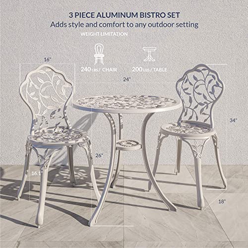 BELLEZE 3 Piece Bistro Set, Aluminum Bistro Table Set Outdoor Bistro Set, Weather-Resistant Garden Table and Chairs Wrought Iron Patio Furniture for Balcony Backyard, Leaf Design - White