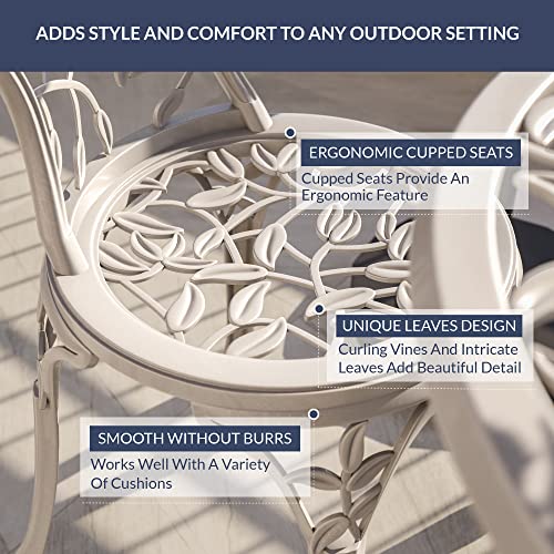 BELLEZE 3 Piece Bistro Set, Aluminum Bistro Table Set Outdoor Bistro Set, Weather-Resistant Garden Table and Chairs Wrought Iron Patio Furniture for Balcony Backyard, Leaf Design - White