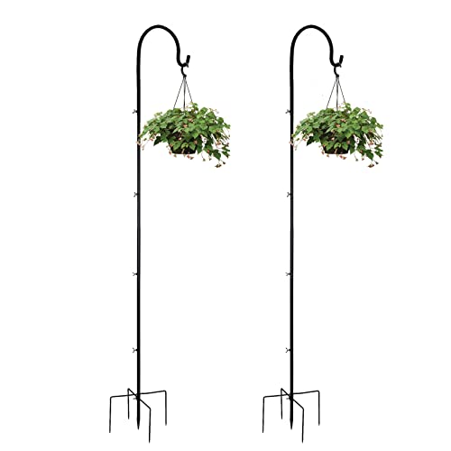 MorTime 2 Pack Outdoor Shepherd Hooks with 5 Prong Base, 77 inches Heavy Duty Extendable Metal Garden Hanger Stake Pole for Plants Bird Feeders Wind Chimes Garden Decorations