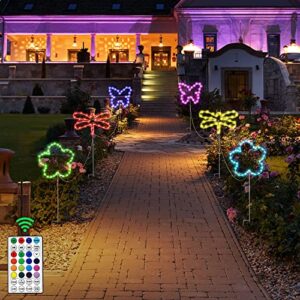 meonum garden lights with remote control, butterfly flower waterproof decorative pathway lights, 16 colors changing led light for yard patio lawn pathway holiday decor outdoor