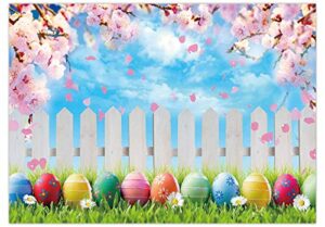 funnytree 7x5ft spring easter backdrop colorful eggs pink cherry blossoms flower blue sky background kids baby shower party supplies decor banner portrait studio photography prop photobooth gift