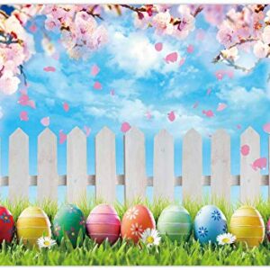 Funnytree 7x5FT Spring Easter Backdrop Colorful Eggs Pink Cherry Blossoms Flower Blue Sky Background Kids Baby Shower Party Supplies Decor Banner Portrait Studio Photography Prop Photobooth Gift