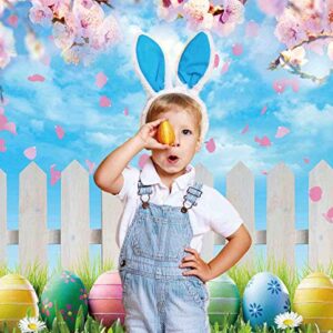 Funnytree 7x5FT Spring Easter Backdrop Colorful Eggs Pink Cherry Blossoms Flower Blue Sky Background Kids Baby Shower Party Supplies Decor Banner Portrait Studio Photography Prop Photobooth Gift