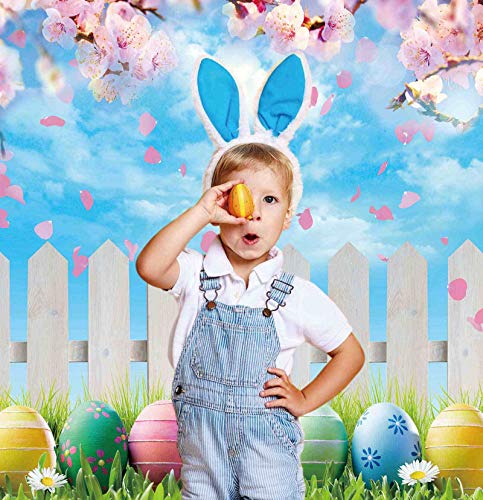 Funnytree 7x5FT Spring Easter Backdrop Colorful Eggs Pink Cherry Blossoms Flower Blue Sky Background Kids Baby Shower Party Supplies Decor Banner Portrait Studio Photography Prop Photobooth Gift