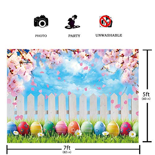 Funnytree 7x5FT Spring Easter Backdrop Colorful Eggs Pink Cherry Blossoms Flower Blue Sky Background Kids Baby Shower Party Supplies Decor Banner Portrait Studio Photography Prop Photobooth Gift