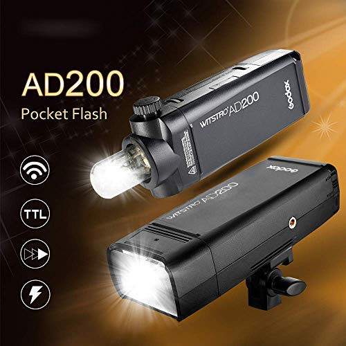 Godox AD200 TTL Flash Strobe, 200Ws 2.4G Pocket Flash Speedlite, 1/8000 HSS Monolight with 2900mAh Lithium Battery, Bare Bulb Flash Head to Provide 500 Full Power Flashes, Recycle in 0.01-2.1s