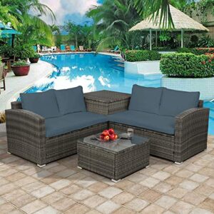 all weather wicker outdoor patio furniture sets, 4 pcs outdoor cushioned pe rattan wicker sectional sofa set with glass top coffee table seat cushion for garden poolside (rattan+ gray cushion)