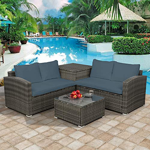 All Weather Wicker Outdoor Patio Furniture Sets, 4 PCS Outdoor Cushioned PE Rattan Wicker Sectional Sofa Set with Glass Top Coffee Table Seat Cushion for Garden Poolside (Rattan+ Gray Cushion)