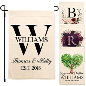 personalized garden flag | small vertical double sided 12.5″ x 18″ porch flags | customize yard house flag | elegant black family name, initial, couple names and date | c02d10