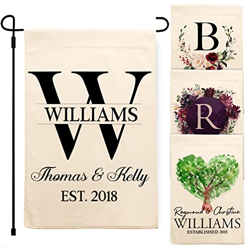 Personalized Garden Flag | Small Vertical Double Sided 12.5" X 18" Porch Flags | Customize Yard House Flag | Elegant Black Family Name, Initial, Couple Names And Date | C02D10