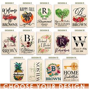 Personalized Garden Flag | Small Vertical Double Sided 12.5" X 18" Porch Flags | Customize Yard House Flag | Elegant Black Family Name, Initial, Couple Names And Date | C02D10