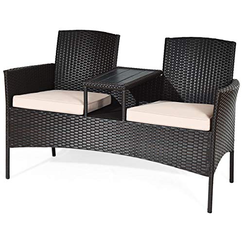 DORTALA Outdoor Patio Loveseat, Wicker Patio Conversation Set with Removable Cushions and Coffee Table, Plastic Table Top, Modern Rattan Loveseat Sofa Set for Garden Lawn Backyard (Brown+White)