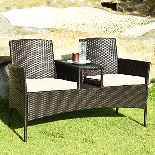 DORTALA Outdoor Patio Loveseat, Wicker Patio Conversation Set with Removable Cushions and Coffee Table, Plastic Table Top, Modern Rattan Loveseat Sofa Set for Garden Lawn Backyard (Brown+White)