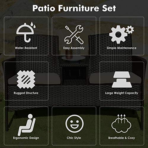 DORTALA Outdoor Patio Loveseat, Wicker Patio Conversation Set with Removable Cushions and Coffee Table, Plastic Table Top, Modern Rattan Loveseat Sofa Set for Garden Lawn Backyard (Brown+White)