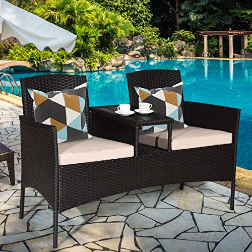 DORTALA Outdoor Patio Loveseat, Wicker Patio Conversation Set with Removable Cushions and Coffee Table, Plastic Table Top, Modern Rattan Loveseat Sofa Set for Garden Lawn Backyard (Brown+White)