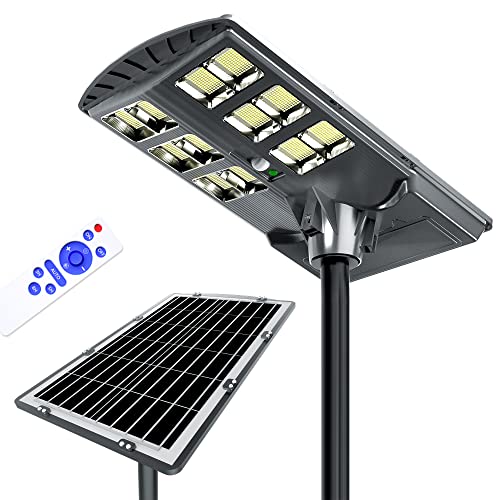 1000W Solar Street Light Motion Sensor, 60000LM Solar Flood Lights Outdoor IP66 Waterproof with Remote Control & Arm Pole,Dusk to Dawn Solar LED Lamp for Garden,Yard,Stadium,Parking Lot