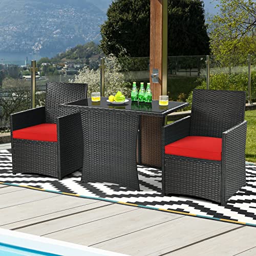 Acquire 3PCS Patio Rattan Furniture Set Cushioned Sofa Armrest Garden Deck Red Suitable for Patio, Porch, Garden and Balcony, Etc