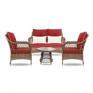 n&v wicker patio furniture rattan conversation chairs loveseat with table cushions for garden backyard (red 4 pcs)