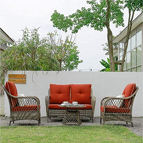 N&V Wicker Patio Furniture Rattan Conversation Chairs Loveseat with Table Cushions for Garden Backyard (Red 4 PCS)