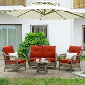 N&V Wicker Patio Furniture Rattan Conversation Chairs Loveseat with Table Cushions for Garden Backyard (Red 4 PCS)