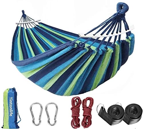 Tintonlife Brazilian Double Hammock 2 Person Canvas Cotton Hammock with Carrying Bag for Patio Porch Garden Backyard Lounging Outdoor/ Indoor Green Stripe Hammock