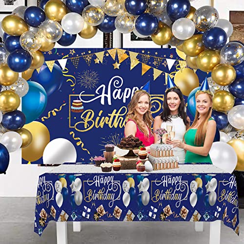 Gold Blue White Happy Birthday Extra Large Fabric Sign Poster Banner Backdrop Waterproof tablecloths Metallic Shiny Latex Balloons for Birthday Party Background Decoration