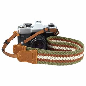 stripes camera strap – 1.5″ cowhide head shoulder neck strap ,vintage woven multi-color camera straps for cameras and binoculars,cute adjustable thin strap for adults & kids(green yellow white）