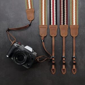 Stripes Camera Strap - 1.5" Cowhide Head Shoulder Neck Strap ,Vintage Woven Multi-color Camera Straps for Cameras and Binoculars,Cute Adjustable Thin Strap for Adults & Kids(Green Yellow White）