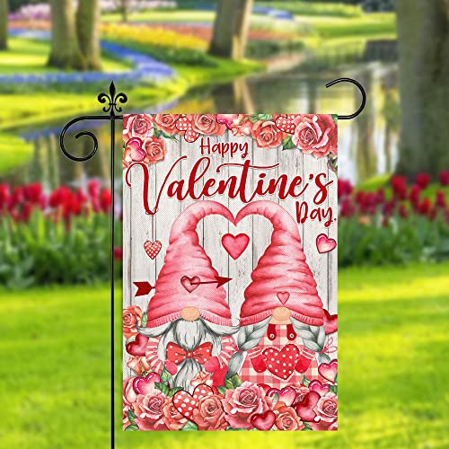 Valentines Day Garden Flag, Valentine Garden Flag 12x18 Double Sided, Happy Valentine's Day Gnomes with Love Heart Roses Burlap Vertical Yard Flag for Home Lawn Outdoor Decorations