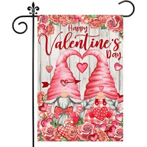 valentines day garden flag, valentine garden flag 12×18 double sided, happy valentine’s day gnomes with love heart roses burlap vertical yard flag for home lawn outdoor decorations