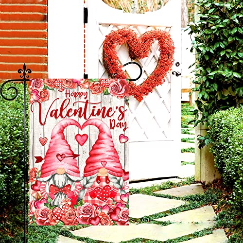 Valentines Day Garden Flag, Valentine Garden Flag 12x18 Double Sided, Happy Valentine's Day Gnomes with Love Heart Roses Burlap Vertical Yard Flag for Home Lawn Outdoor Decorations