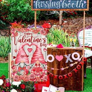 Valentines Day Garden Flag, Valentine Garden Flag 12x18 Double Sided, Happy Valentine's Day Gnomes with Love Heart Roses Burlap Vertical Yard Flag for Home Lawn Outdoor Decorations