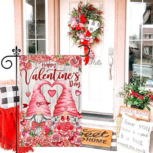 Valentines Day Garden Flag, Valentine Garden Flag 12x18 Double Sided, Happy Valentine's Day Gnomes with Love Heart Roses Burlap Vertical Yard Flag for Home Lawn Outdoor Decorations