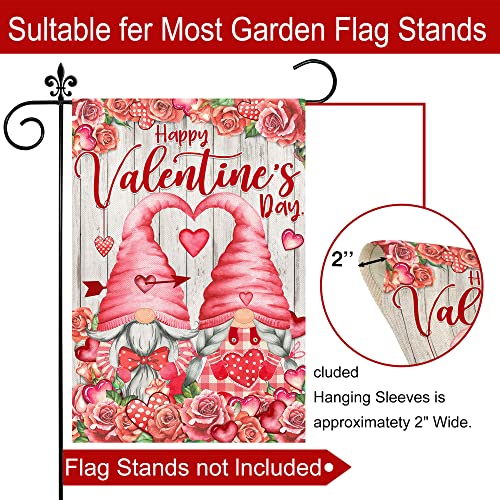 Valentines Day Garden Flag, Valentine Garden Flag 12x18 Double Sided, Happy Valentine's Day Gnomes with Love Heart Roses Burlap Vertical Yard Flag for Home Lawn Outdoor Decorations