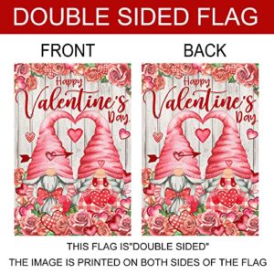 Valentines Day Garden Flag, Valentine Garden Flag 12x18 Double Sided, Happy Valentine's Day Gnomes with Love Heart Roses Burlap Vertical Yard Flag for Home Lawn Outdoor Decorations