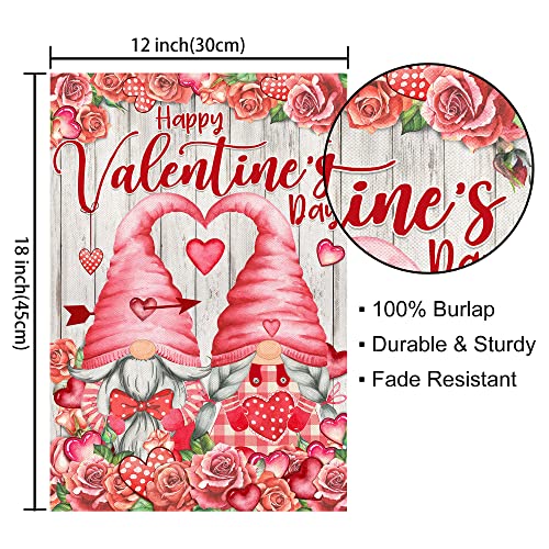 Valentines Day Garden Flag, Valentine Garden Flag 12x18 Double Sided, Happy Valentine's Day Gnomes with Love Heart Roses Burlap Vertical Yard Flag for Home Lawn Outdoor Decorations