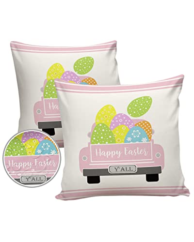 Outdoor Pillow Covers 24x24inch Spring Happy Easter Colorful Eggs Truck Waterproof Decorative Patio Garden Cushion Cover Pink Stripes Throw Pillow Case Set of 2 for Sofa Furniture Decoration