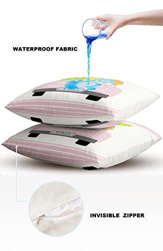 Outdoor Pillow Covers 24x24inch Spring Happy Easter Colorful Eggs Truck Waterproof Decorative Patio Garden Cushion Cover Pink Stripes Throw Pillow Case Set of 2 for Sofa Furniture Decoration