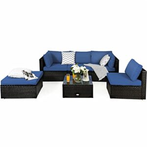 nicedayfy 6pcs outdoor patio rattan furniture set cushioned sectional sofa navy for your garden, balcony and poolside