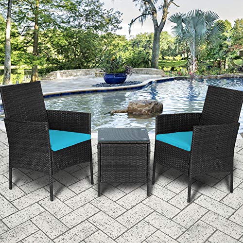 SOLAURA 3-Piece Outdoor Patio Bistro Set Patio Furniture Chairs Black Wicker Porch Furniture with Glass Coffee Table (Light Blue Cushion)