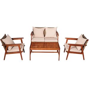 NICEDAYFY 4PCS Patio Rattan Furniture Set Acacia Wood Frame Cushioned Sofa Chair Garden Perfect to Be Placed in Your Patio, Poolside and Garden