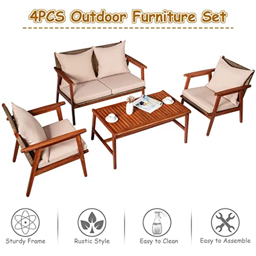 NICEDAYFY 4PCS Patio Rattan Furniture Set Acacia Wood Frame Cushioned Sofa Chair Garden Perfect to Be Placed in Your Patio, Poolside and Garden