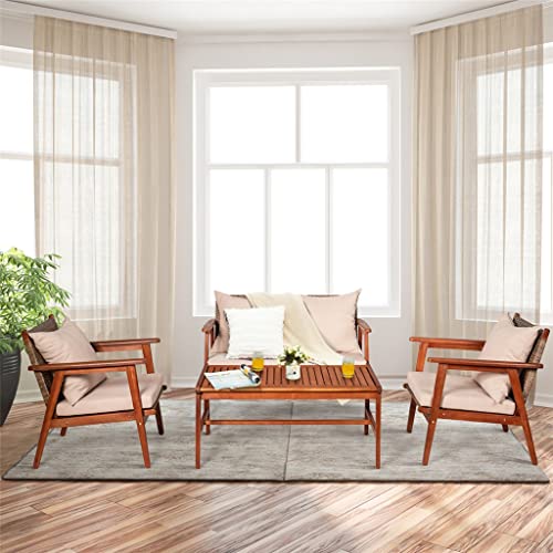 NICEDAYFY 4PCS Patio Rattan Furniture Set Acacia Wood Frame Cushioned Sofa Chair Garden Perfect to Be Placed in Your Patio, Poolside and Garden