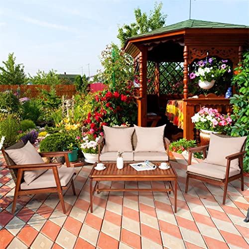 NICEDAYFY 4PCS Patio Rattan Furniture Set Acacia Wood Frame Cushioned Sofa Chair Garden Perfect to Be Placed in Your Patio, Poolside and Garden