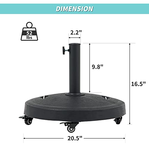 Verano Garden Patio Umbrella Base 52lbs, Heavy Duty Umbrella Stand with Wheels for Outdoor 1.5''~1.89'' Market Umbrella, Weighted Base for Patio Deck Porch Poolside (Black with Handle)